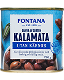 Oliver Kalamata 290g - Fontana - Kalamon är Greklands mest populära oliv och odlas över hela Grekland. Oliven, som är nära besläktad med Kalamataoliven som är ursprungskyddad och finns endast i Kalamataregionen. Ett omtyckt tilltugg med liten kärna och mycket fruktkött. Smaken är djupt fruktig med viss sälta och tydlig syrlighet.